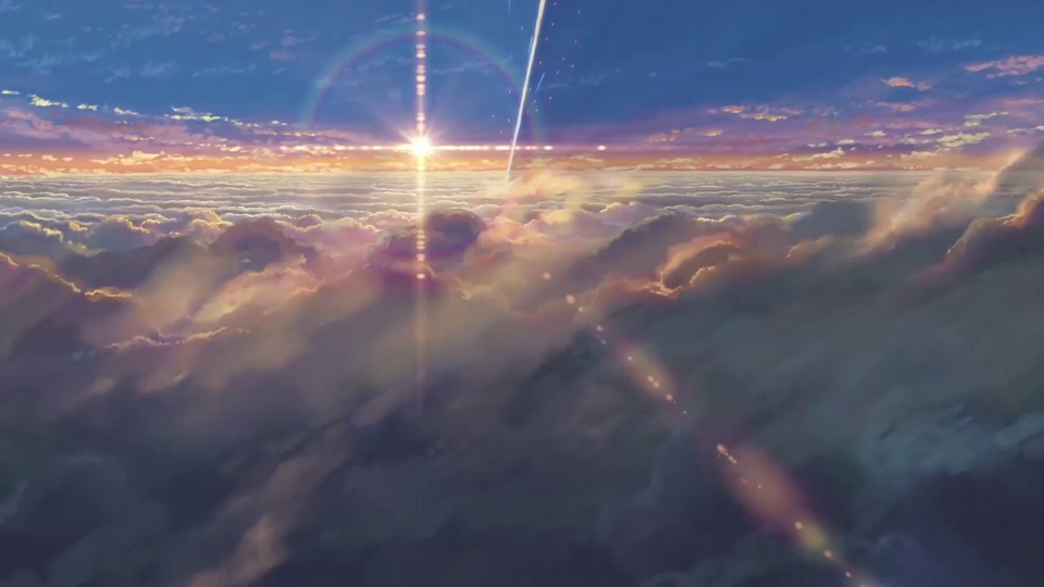 蓝紫高空云海之上，朝阳放射星芒，流星斜向划过天际。