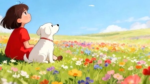 女孩与宠物狗带鱼屏