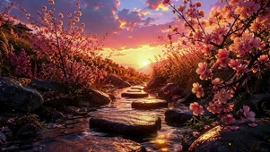 樱花夕照溪谷