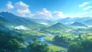 清新绿色云雾山川河流