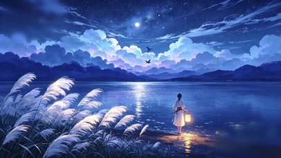 月夜芦苇荡少女