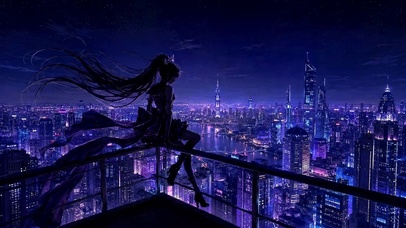 赛博朋克天台夜景美少女