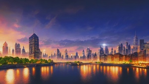 海边城市风景油画
