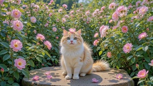 粉色花丛中的治愈可爱橘猫