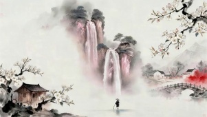 水墨瀑布高山