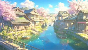 阳光樱花水乡小镇河流