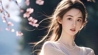 桃花映美女秀发飘飘