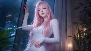 雨夜窗边粉发纯欲少女