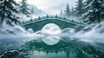 雾中石桥·寒潭倒影