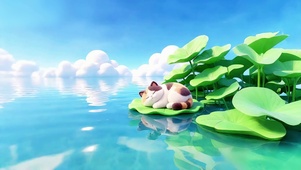 清凉荷塘荷叶睡眠小猫