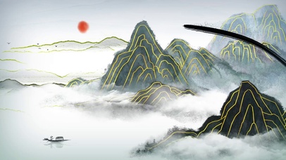 中国风古风山水水墨描金山水