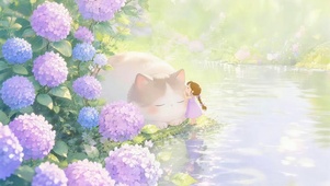 湖边鲜花猫咪