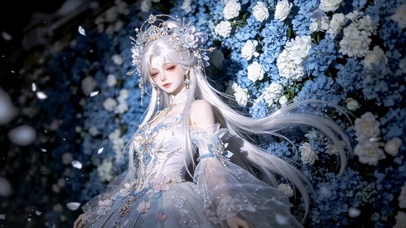 蓝白花海里的银发古风美少女