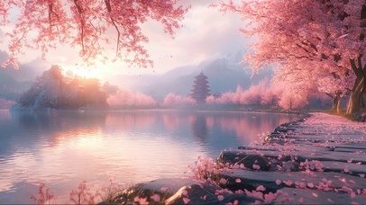 浪漫樱花古建公园湖泊