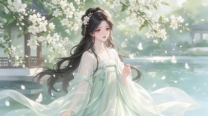 清荷梨雪庭间仙影少女
