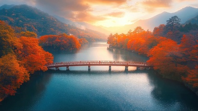 秋日日出湖面长桥