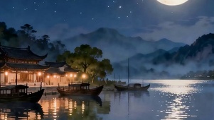 夜景树木河流带鱼屏