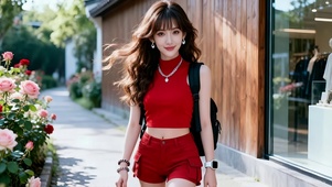 商铺外小径鲜花处青春红衣美女