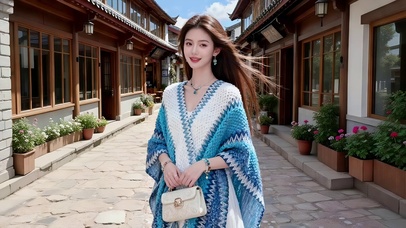 古镇小巷散步的长发美女