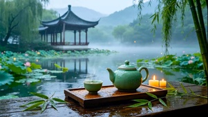 夏天园林湖畔雨景