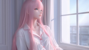 窗户边阳光女孩零二