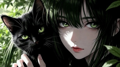 绿发少女与黑猫