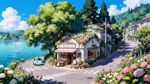 湖边绿色小镇