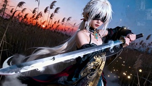 夕阳暗光蒙眼白发执剑少女水墨风