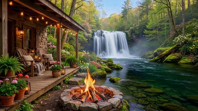 春天山间瀑布木屋