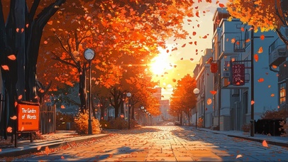 秋日落叶黄昏城市街道