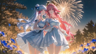 夜空烟花双子少女