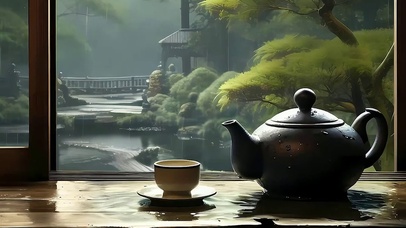 古风雨天绿景茶座带鱼屏