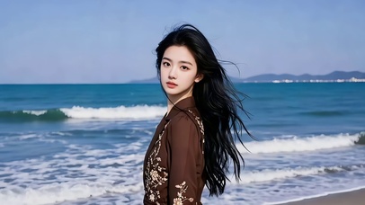 茫然走在海边的长发美女