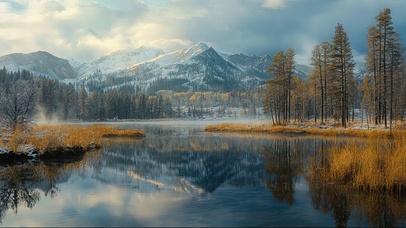 迷雾秋日雪山湖泊