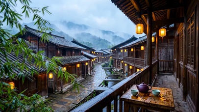 雨天古镇
