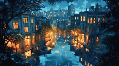 城市街头蓝调静谧雨夜