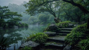 雨天湖畔小道