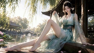 湖畔亭边古风清雅美女