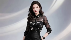 黑色碎花纱衣衬衫美女