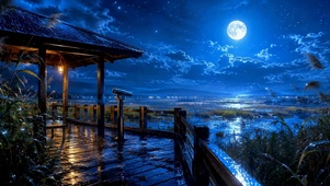 满月雨夜观景亭夜景