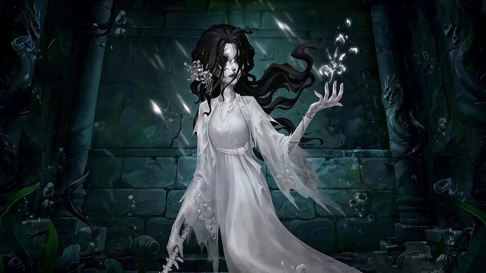 幽暗水下石砌废墟前，白衣女鬼托举发光灵焰，长卷发随水流漂浮。