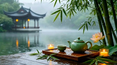 山水湖边竹叶雨滴