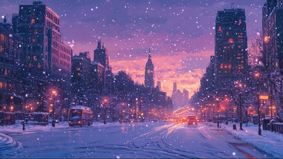 大雪晚霞落日城市街景