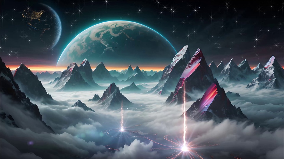 云海之上尖峰林立，异星悬于星空间，光柱落于云海