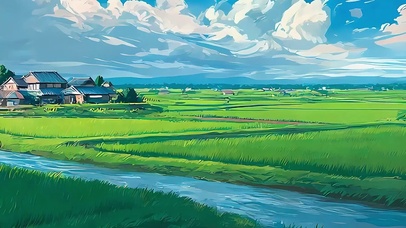 护眼蓝天白云树木河流带鱼屏