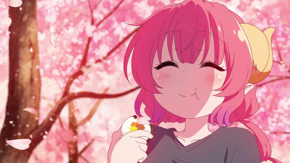 樱花园中持饭团的粉发羊角少女
