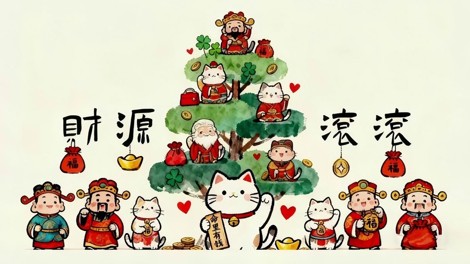 浅米纯色背景的水墨国风Q版招财猫插画，多只戴官帽的招财猫搭配铜钱与福字装饰。