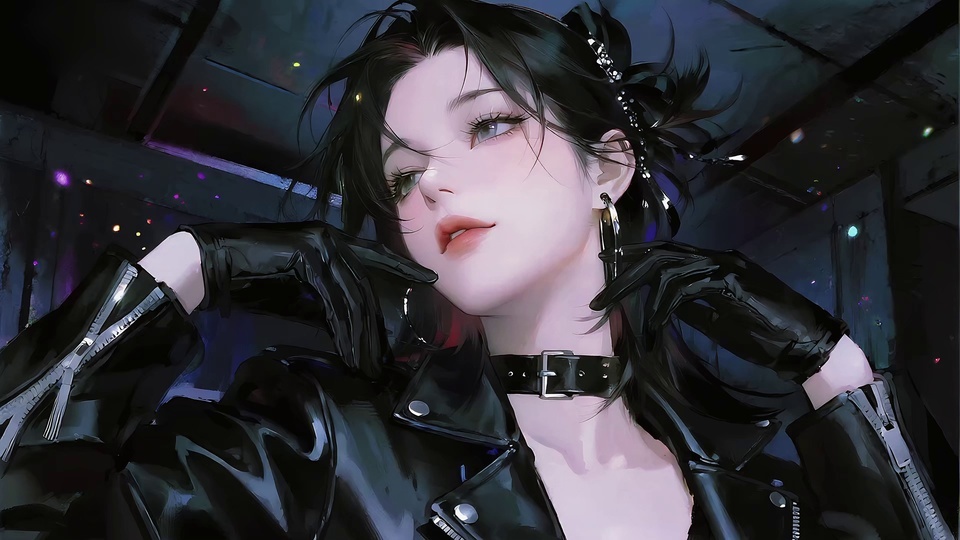黑发少女身着亮面黑皮衣，佩戴项圈与大耳环