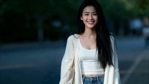 逆光街头甜笑长发美女