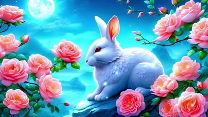 清新中国风插画花与兔